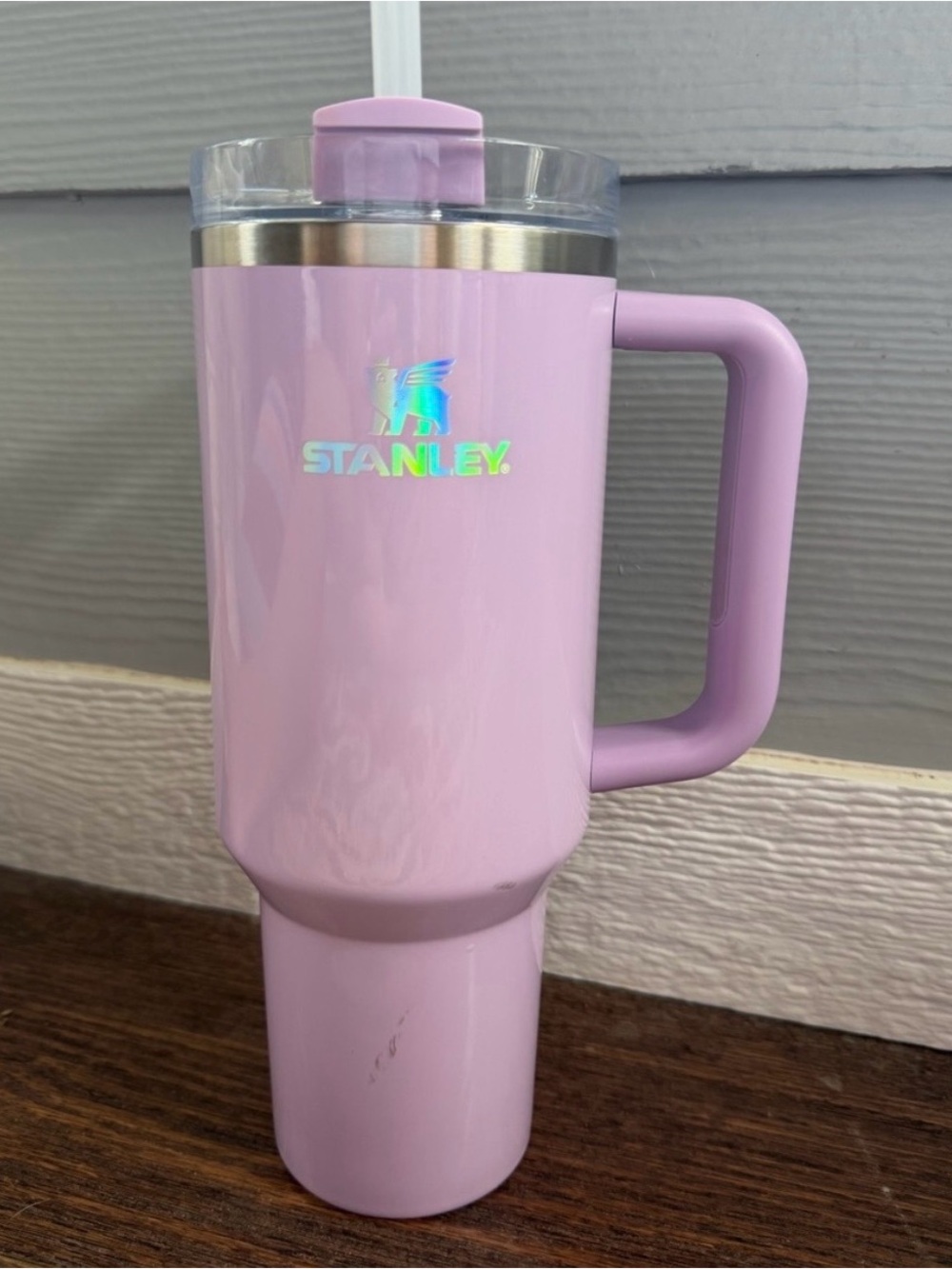 Stanley Lavender Travel Mug with Handle and Straw Lid and holographic logo